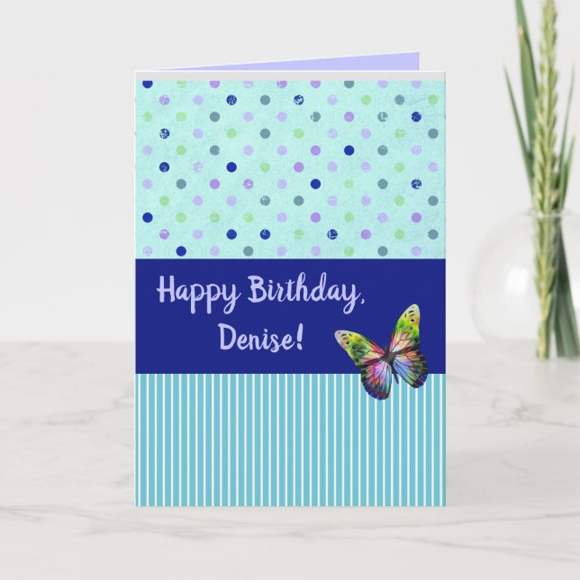 Editable Aqua Dots and Stripes With Butterfly Card (Front)