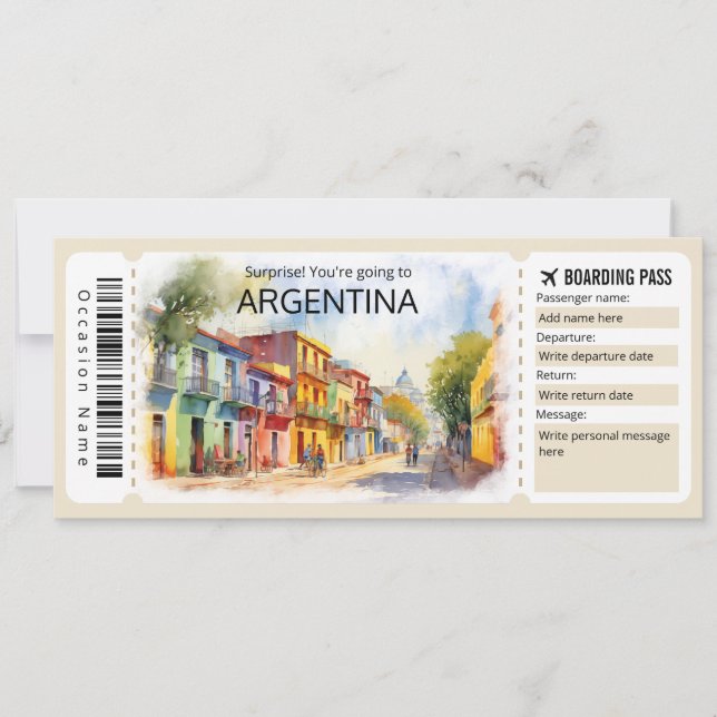 Editable Argentina Plane ticket, Argentina Trip Invitation (Front)