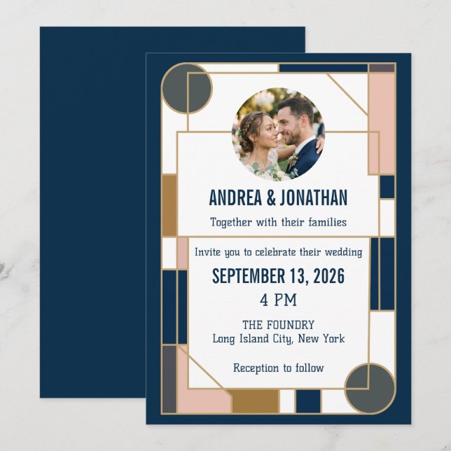 Editable Art Deco Wedding Invitation with Photo (Front/Back)