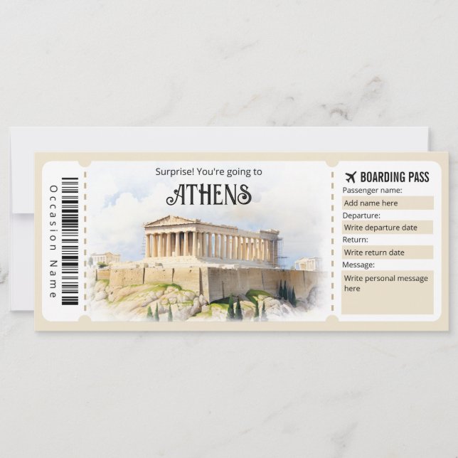 Editable Athens Plane ticket, Greece Trip Invitation (Front)