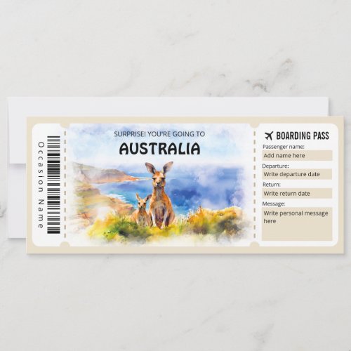 Editable Australia Boarding Pass Plane ticket Invitation