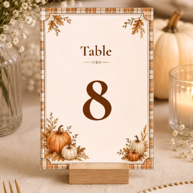 Editable Autumn Pumpkin Plaid Rustic Fall  Table Number (Creator Uploaded)