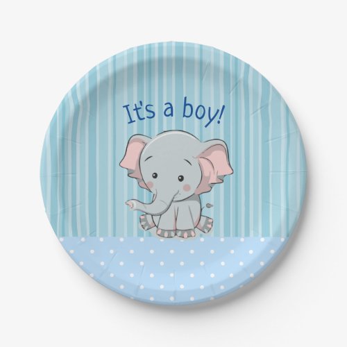 Editable Baby Elephant Its a Boy Paper Plates