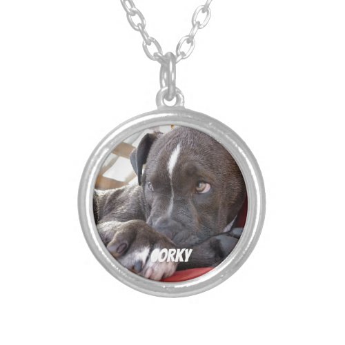 Editable Baby Pitbull Puppies Silver Plated Necklace