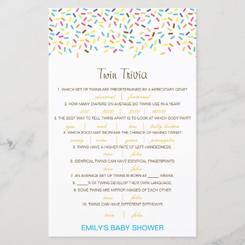 Editable Baby Twin Trivia Baby Shower with Answer
