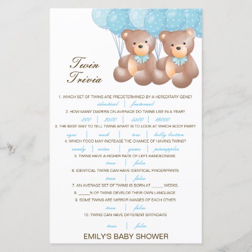 Editable Baby Twin Trivia Baby Shower with Answer