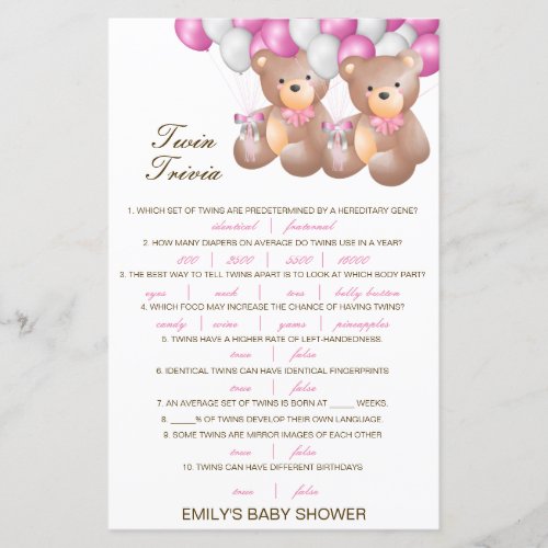 Editable Baby Twin Trivia Baby Shower with Answer