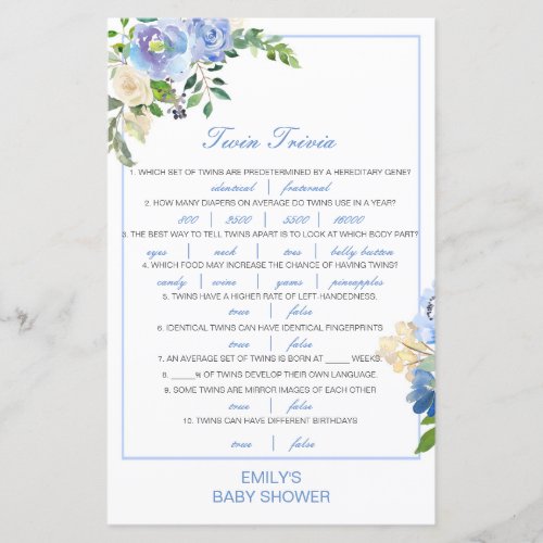 Editable Baby Twin Trivia Baby Shower with Answer