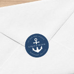 Editable Background Color Anchor Return Address Classic Round Sticker<br><div class="desc">This nautical wedding return address sticker features an anchor in white against an editable background color; to change it from blue to a color of your choice, click the customize button. Check out matching wedding items here https://www.zazzle.com/collections/editable_color_nautical_anchor_wedding-119983845388789301?rf=238364477188679314&tc=rc . Personalize it by replacing the placeholder text. For more options such as...</div>