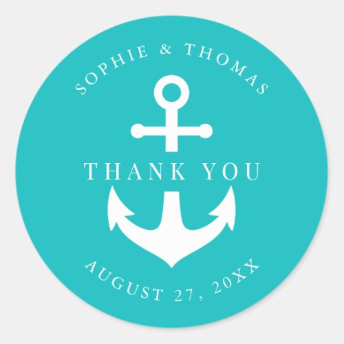 Editable Background Color Anchor Wedding Thank You Classic Round Sticker