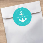 Editable Background Color Anchor Wedding Thank You Classic Round Sticker<br><div class="desc">This nautical wedding thank you sticker features an anchor in white against an editable background color; to change it from turquoise to the color of your choice, click the customize button. Check out other matching wedding items https://www.zazzle.com/collections/editable_color_nautical_anchor_wedding_3-119105450401013879?rf=238364477188679314&tc=rc . Personalize it by replacing the placeholder text. For more options such as...</div>