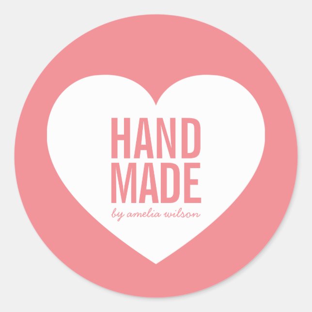 Editable Background Color Modern Heart Handmade Classic Round Sticker (Front)