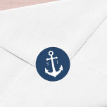 Editable Background Color Monogram Anchor Wedding Classic Round Sticker<br><div class="desc">This nautical monogram wedding sticker features an anchor in white against an editable background color; to change it from blue to the color of your choice, click the customize button. Check out matching wedding items here https://www.zazzle.com/collections/editable_color_nautical_anchor_wedding-119983845388789301?rf=238364477188679314&tc=rc . Personalize it by replacing the placeholder text. For more options such as to...</div>