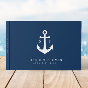 Editable Background Color Monogram Anchor Wedding Guest Book