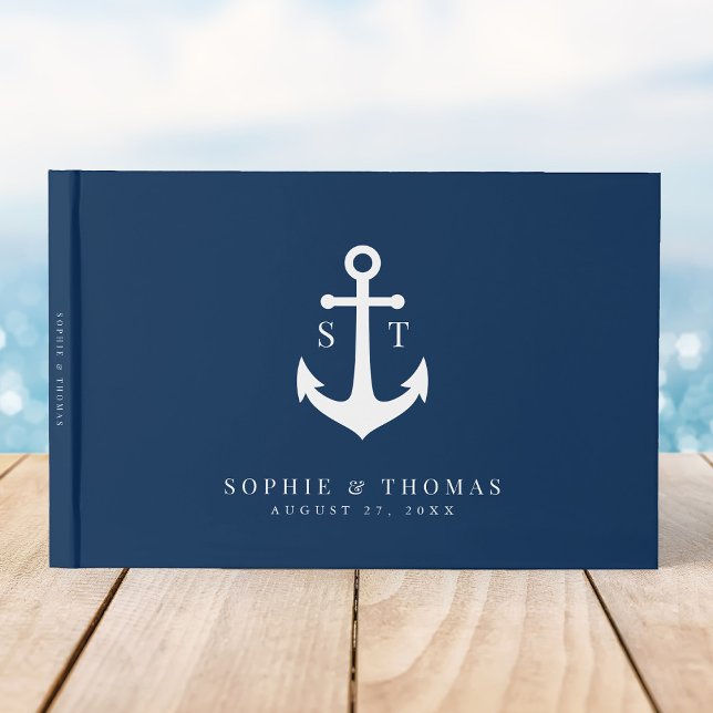 Editable Background Color Monogram Anchor Wedding Guest Book (Creator Uploaded)