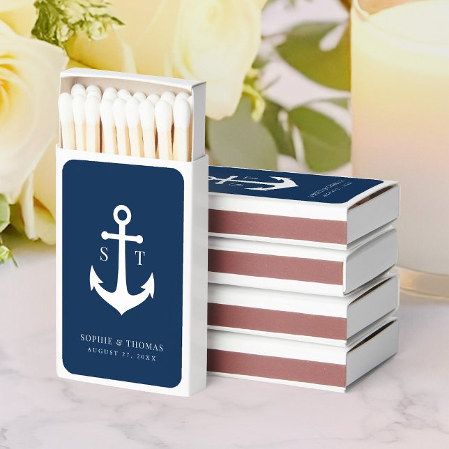 Editable Background Color Monogram Anchor Wedding  Matchboxes (Creator Uploaded)