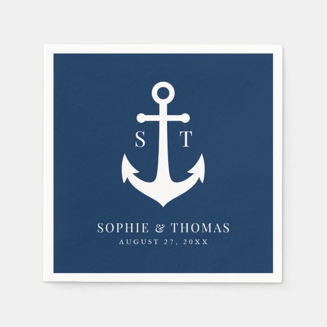 Editable Background Color Monogram Anchor Wedding Napkins (Front)