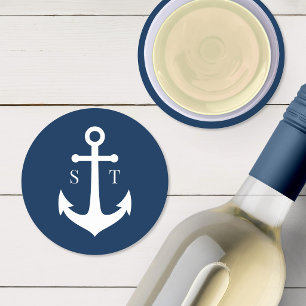 Editable Background Color Monogram Anchor Wedding Round Paper Coaster