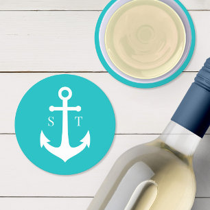Editable Background Color Monogram Anchor Wedding Round Paper Coaster