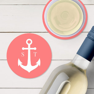 Editable Background Color Monogram Anchor Wedding Round Paper Coaster