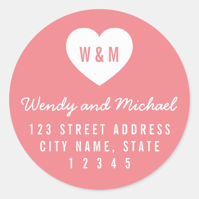 Editable Background Color Monogram Heart Address Classic Round Sticker (Front)