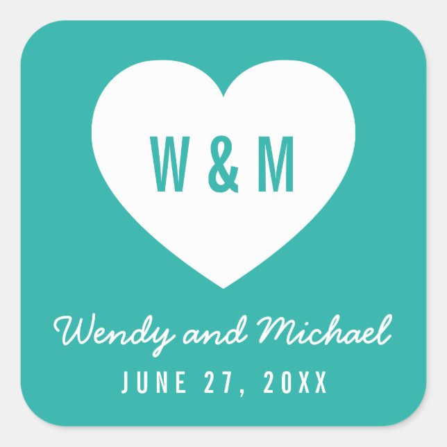 Editable Background Color Monogram Heart Wedding Square Sticker (Front)