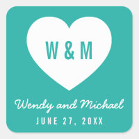 Editable Background Color Monogram Heart Wedding Square Sticker