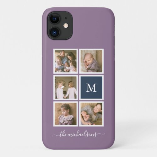 Editable Background Color Monogram Photo Collage iPhone 11 Case