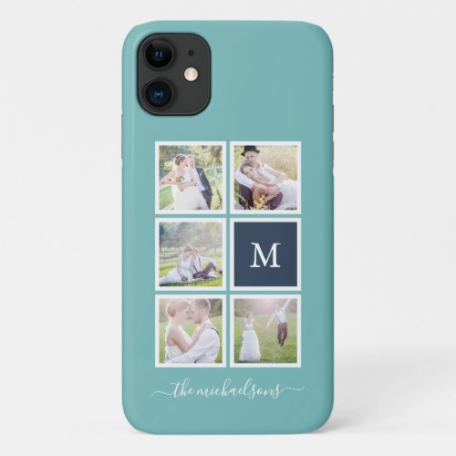 Editable Background Color Monogram Photo Collage iPhone 11 Case