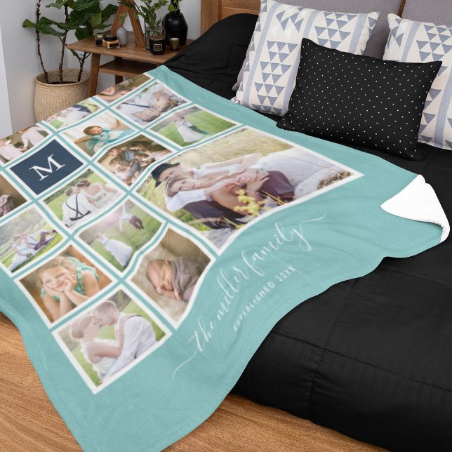 Editable Background Color Monogram Photo Collage Fleece Blanket (Creator Uploaded)