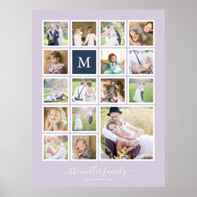 Editable Background Color Monogram Photo Collage Poster (Front)