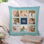 Editable Background Color Monogram Photo Collage Throw Pillow<br><div class="desc">Monogram pillow with 8 square photos arranged in a grid layout with a white border around them on the front and back side making it 16 photos in total that you can replace with you own photos all against an editable background color (click "customize" to change background color). You can...</div>