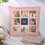 Editable Background Color Monogram Photo Collage Throw Pillow<br><div class="desc">Monogram pillow with 8 square photos arranged in a grid layout with a white border around them on the front and back side making it 16 photos in total that you can replace with you own photos all against an editable background color (click "customize" to change background color). You can...</div>