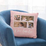 Editable Background Color Our Family Photo Collage Throw Pillow<br><div class="desc">Pillow featuring the words "Our Family" in a white stylish script with 4 photos with a white border around them arranged side by side on the front and back side making it 8 photos in total that you can replace with you own photos against an editable background color (click "customize"...</div>