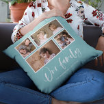 Editable Background Color Our Family Photo Collage Throw Pillow<br><div class="desc">Pillow featuring the words "Our Family" in a white stylish script with 4 photos with a white border around them arranged side by side on the front and back side making it 8 photos in total that you can replace with you own photos against an editable background color (click "customize"...</div>