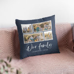 Editable Background Color Our Family Photo Collage Throw Pillow<br><div class="desc">Pillow featuring the words "Our Family" in a white stylish script with 4 photos with a white border around them arranged side by side on the front and back side making it 8 photos in total that you can replace with you own photos against an editable background color (click "customize"...</div>