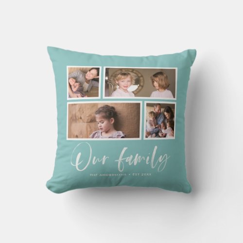 Editable Background Color Our Family Photo Collage Throw Pillow