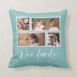 Editable Background Color Our Family Photo Collage Throw Pillow<br><div class="desc">Pillow featuring the words "Our Family" in a white stylish script with 4 photos with a white border around them arranged side by side on the front and back side making it 8 photos in total that you can replace with you own photos against an editable background color (click "customize"...</div>