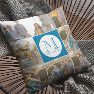 Editable Background Color Round Monogram Photo Throw Pillow
