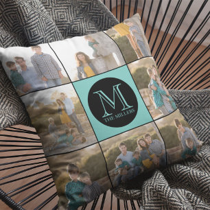 Editable Background Color Round Monogram Photo Throw Pillow