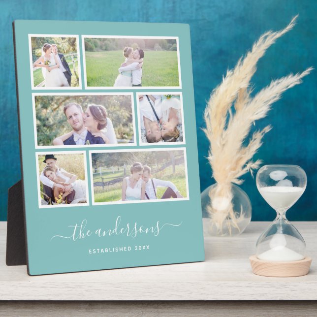 Editable Background Color Six Photo Collage Script Plaque (Side)