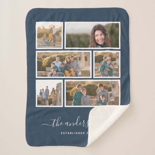Editable Background Color Six Photo Collage Script Sherpa Blanket (Front)