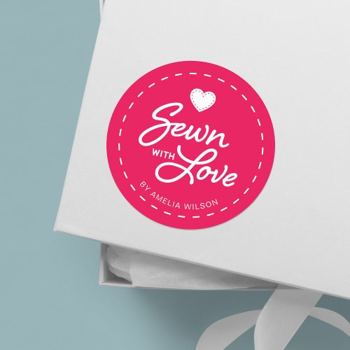 EDITABLE Background Color Stylish Sewn with Love Classic Round Sticker