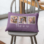 Editable Background Color This is Us Photo Collage Lumbar Pillow<br><div class="desc">Pillow featuring the words "this is us" in a white stylish script with 3 square photos with a white border around them arranged side by side on the front and back side making it 6 photos in total that you can replace with you own photos against an editable background color...</div>