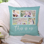 Editable Background Color This is Us Photo Collage Throw Pillow<br><div class="desc">Pillow featuring the words "this is us" in a white stylish script with 4 photos with a white border around them arranged side by side on the front and back side making it 8 photos in total that you can replace with you own photos against an editable background color (click...</div>