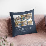 Editable Background Color This is Us Photo Collage Throw Pillow<br><div class="desc">Pillow featuring the words "this is us" in a white stylish script with 4 photos with a white border around them arranged side by side on the front and back side making it 8 photos in total that you can replace with you own photos against an editable background color (click...</div>