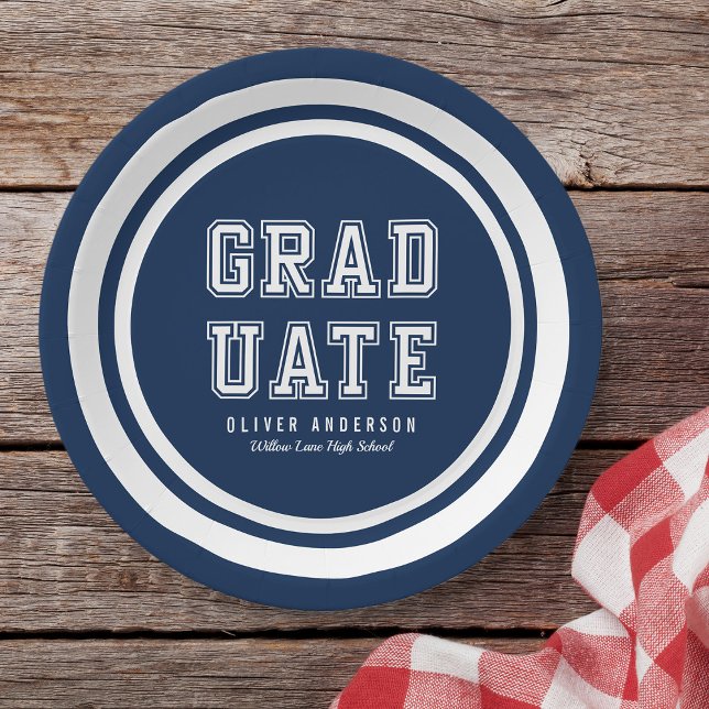 Editable Background Color Varsity Graduate Paper Plates (Creator Uploaded)