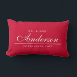 Editable Background Color Wedding Mr and Mrs Name Lumbar Pillow<br><div class="desc">This versatile Mr and Mrs Family Name pillow with editable front and back background color features your family name in an elegant cursive font and below a thin line, state when your family was established. Makes a great keepsake or wedding gift. Personalize it by replacing the placeholder text. For more...</div>