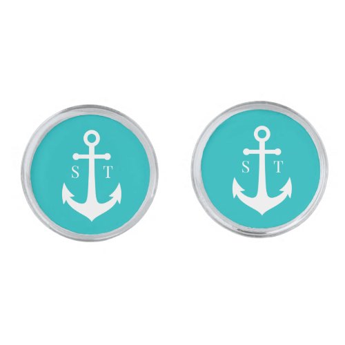 Editable Background Color White Anchor Monogram Cufflinks