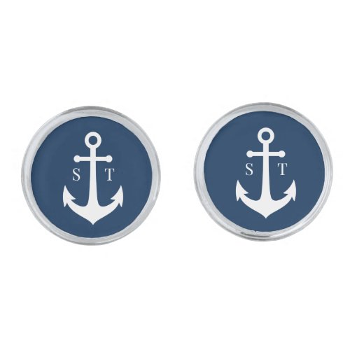 Editable Background Color White Anchor Monogram Cufflinks